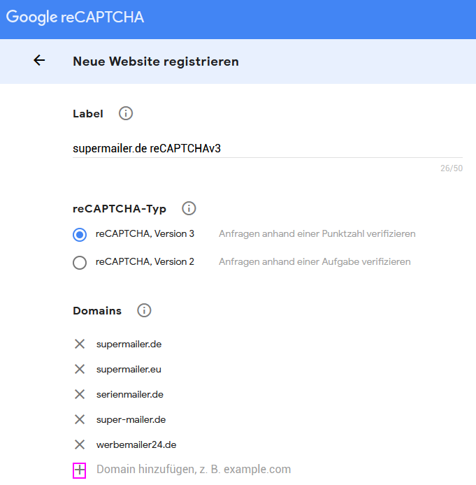 Google reCAPTCHA registrieren